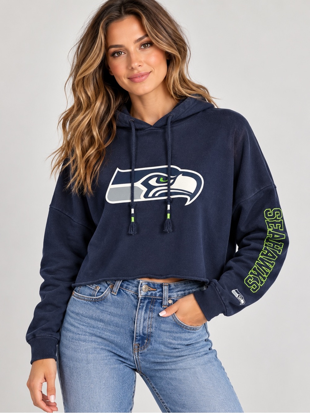 NFL Navy Seattle Seahawks Cropped Hoodie Size XS Athleisure Loungewear
